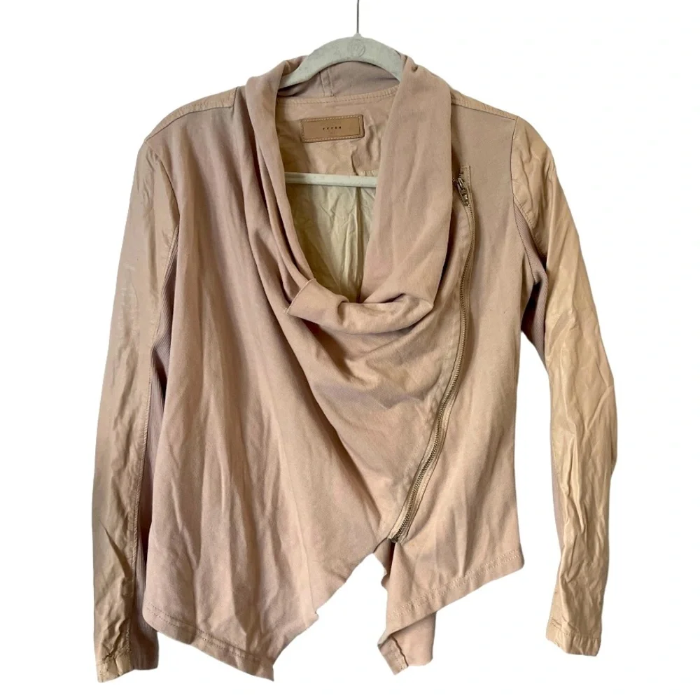 Blank NYC Drape Moto Jacket Asymmetrical‎ Full Zip Faux Leather Pink Tan M